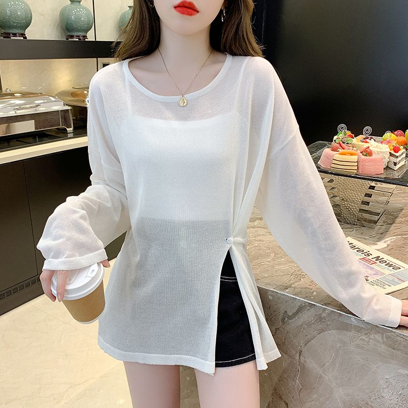 Thin slightly transparent ice silk loose slit sun protection blouse mid-length t-shirt women's summer 2023 new top