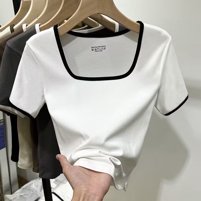 Short-sleeved t-shirt women's summer 2023 new square collar foreign style fashion bottoming shirt with T-shirt slim-fit basic top