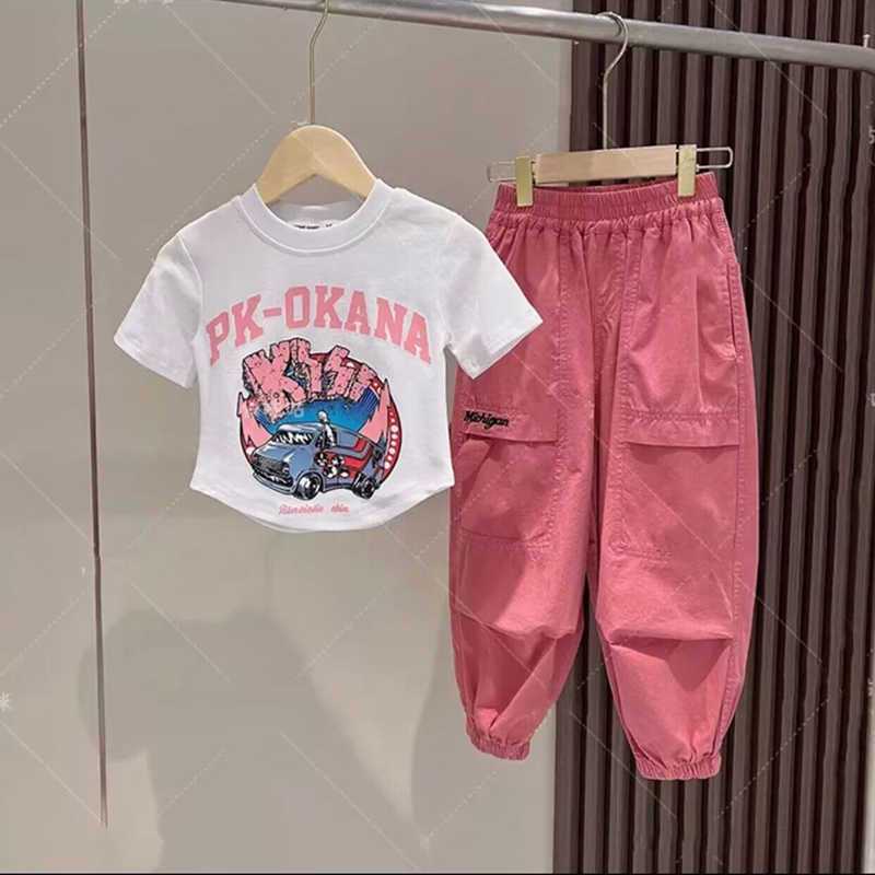 6女童夏季印花短袖工装裤套装网红炸街夏款潮中大童T恤裤子两件套
