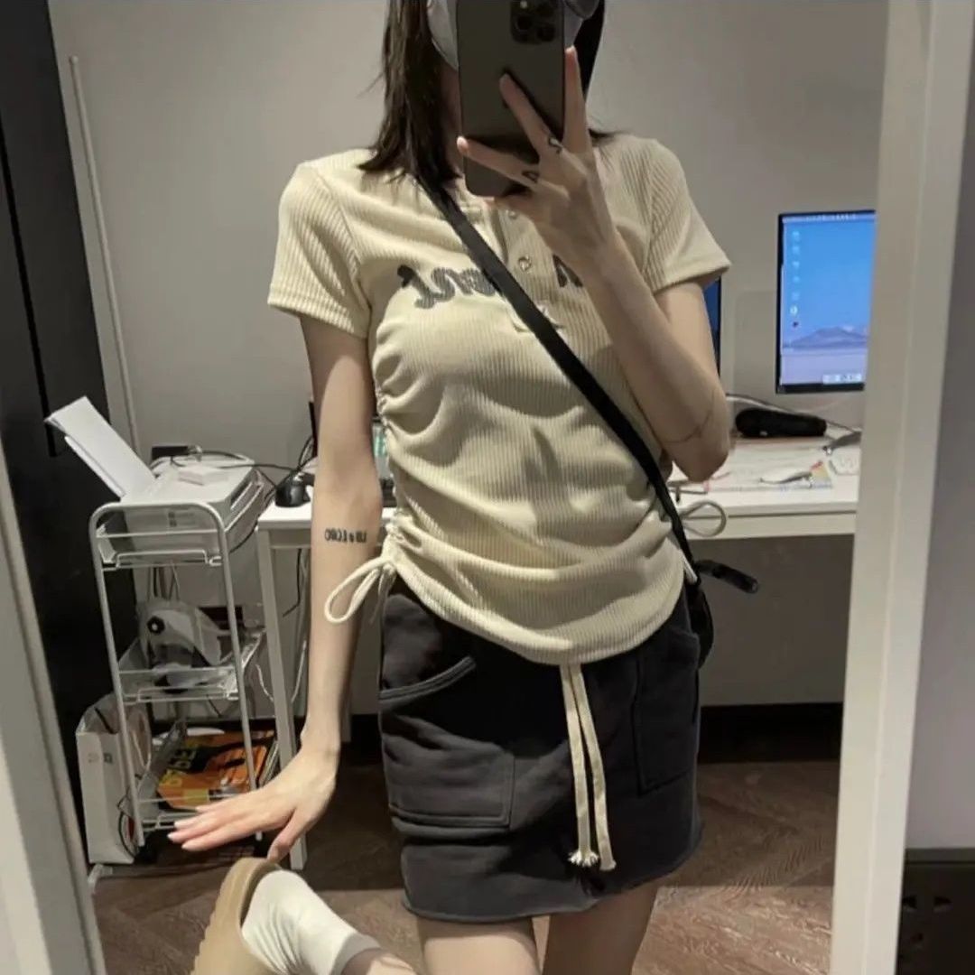 Very nice [all-match and easy to wear] Hong Kong style hot girl drawstring short-sleeved t-shirt female ins super hot retro slim top