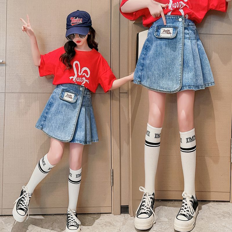 Girls pleated denim skirt summer thin section  new summer dress big children fashion children's all-match skirt