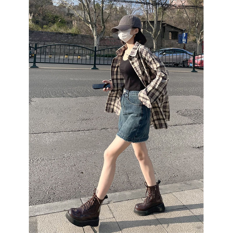大碼美式時髦毛邊設計牛仔半身裙女新款遮胯顯瘦防走光a字短裙子
