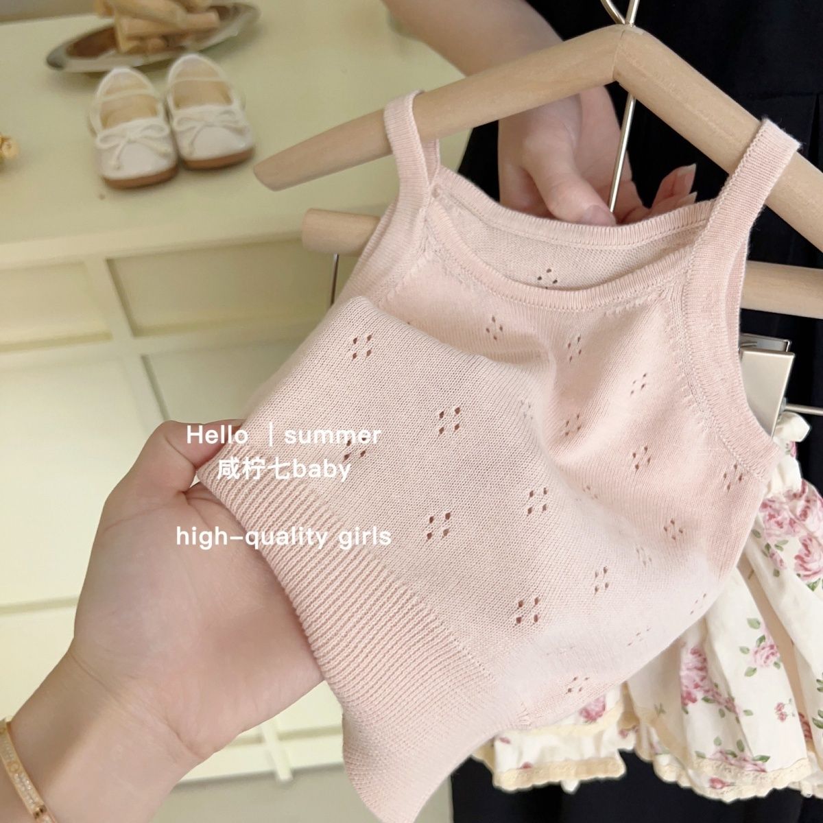 Korean children's clothing 23 summer girls' suits for small and medium-sized children's French sweet hollow knitted camisole flower bud skirt pants