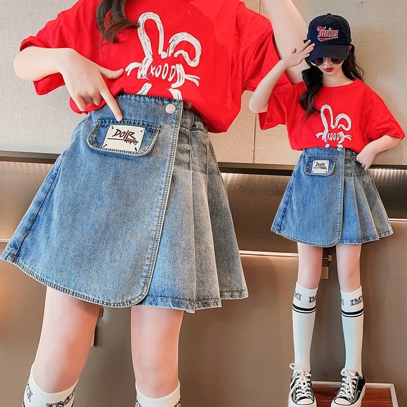 Girls pleated denim skirt summer thin section  new summer dress big children fashion children's all-match skirt