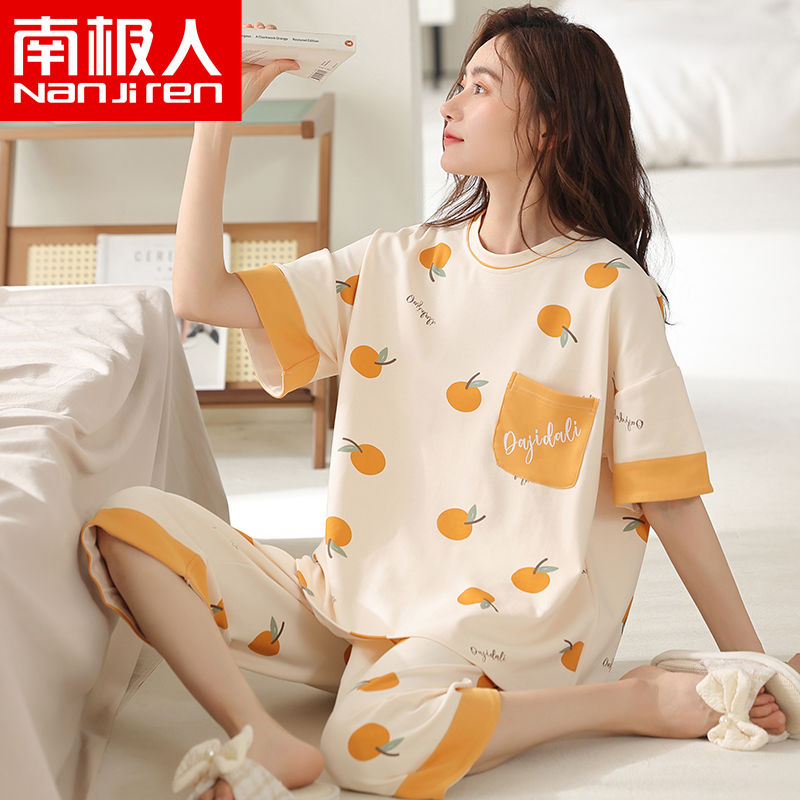 Antarctic 100% cotton pajamas women's summer short-sleeved cropped pants suit summer cotton can be worn outside thin section home clothes