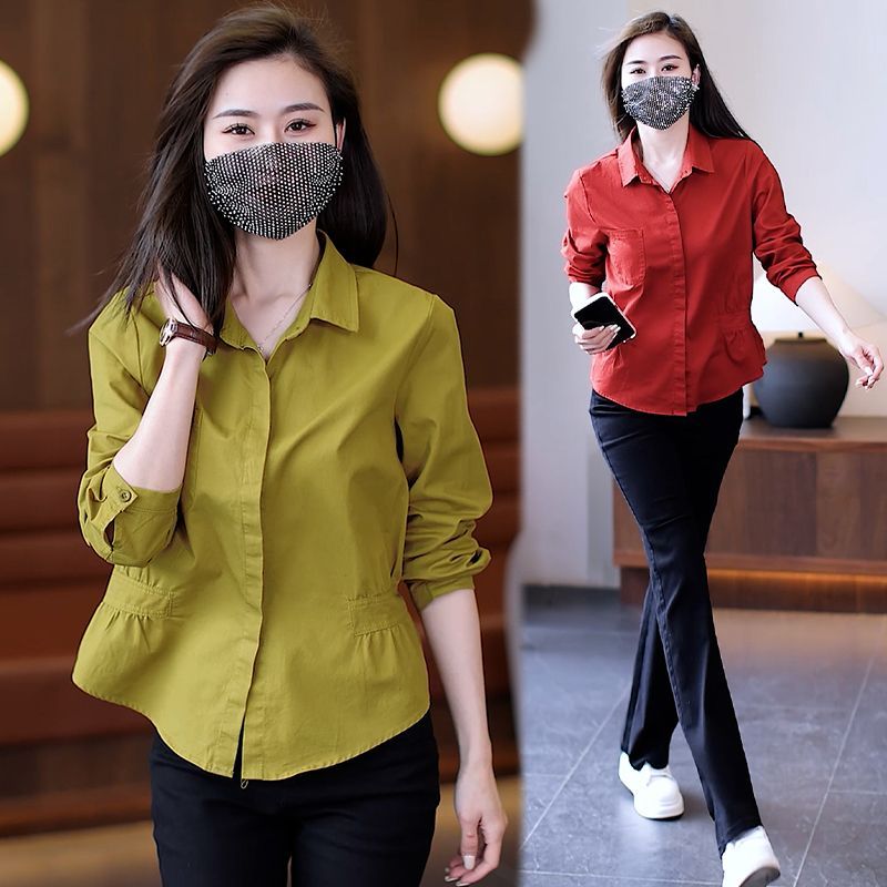 100%純棉襯衫女2023新款收腰顯瘦圓下擺上衣女夏季氣質小衫襯衣