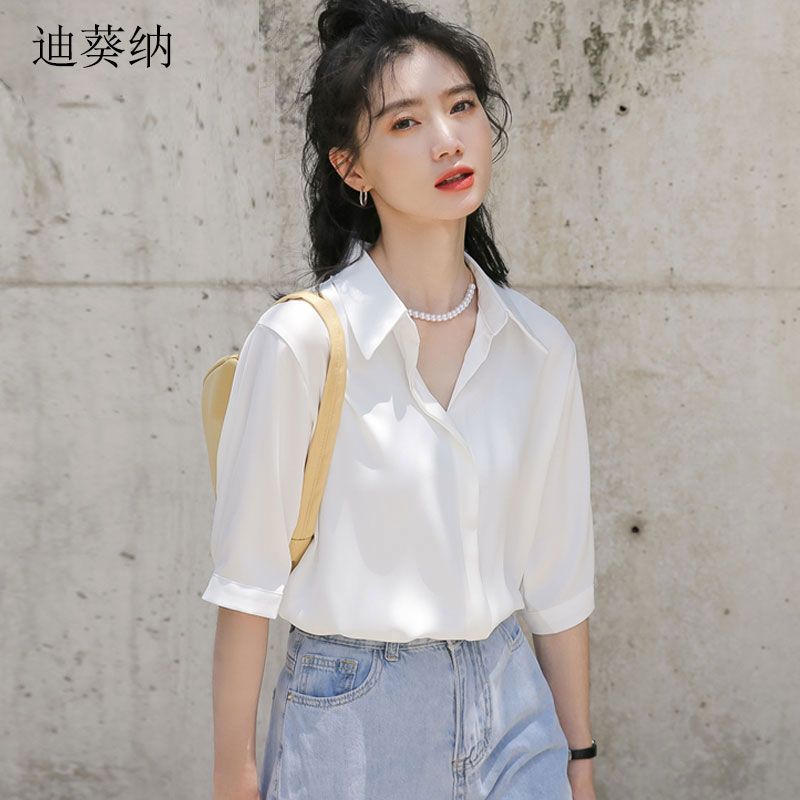 迪葵納職業氣質白色襯衫女士設計感小眾夏季短袖韓版百搭寬鬆襯衣