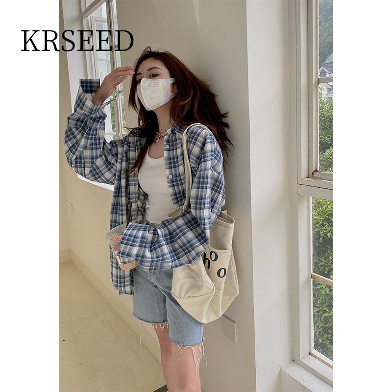 KRSEED藍色格子長袖防曬襯衫女夏新款薄款韓版寬鬆休閒慵懶風上衣
