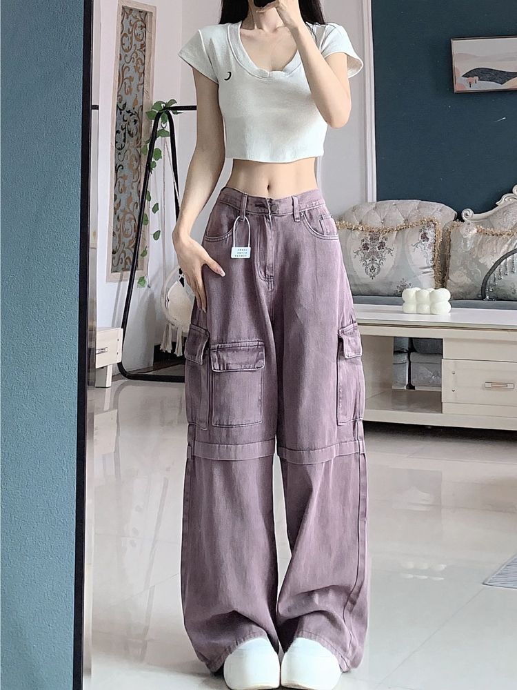 American retro purple workwear jeans for women in summer high-waisted loose slimming design high street wide-leg floor mopping pants
