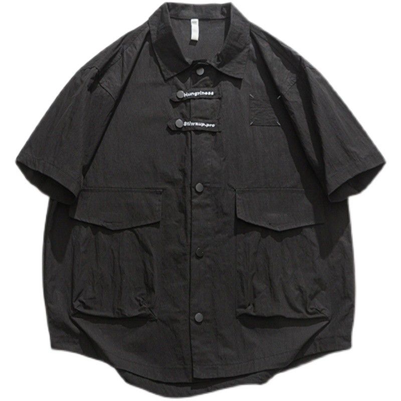 Japanese Harajuku style tooling short-sleeved shirt men's summer thin section Hong Kong style design sense five-quarter sleeve casual shirt jacket