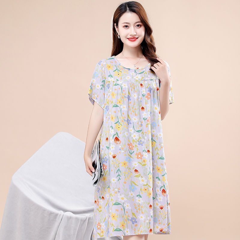 Short-sleeved nightdress cotton silk pajamas women's summer mid-length home skirt thin section mother's dress fashion loose dress