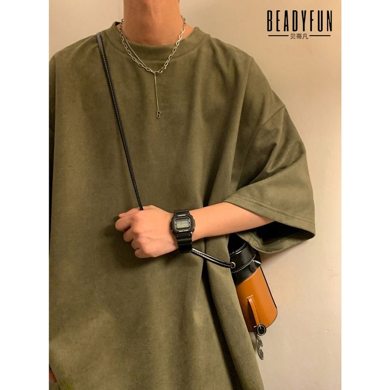 BEADYFUN純色麂皮絨t恤男夏季oversize美式復古短袖上衣服情侶裝