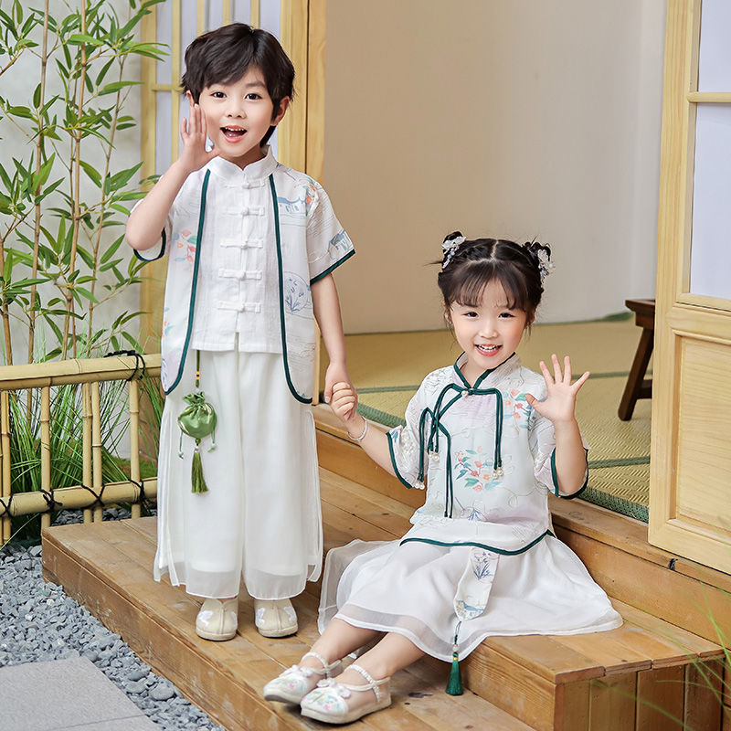 漢服男童夏季薄款短袖中國風套裝女童唐裝改良古裝民族六一表演服
