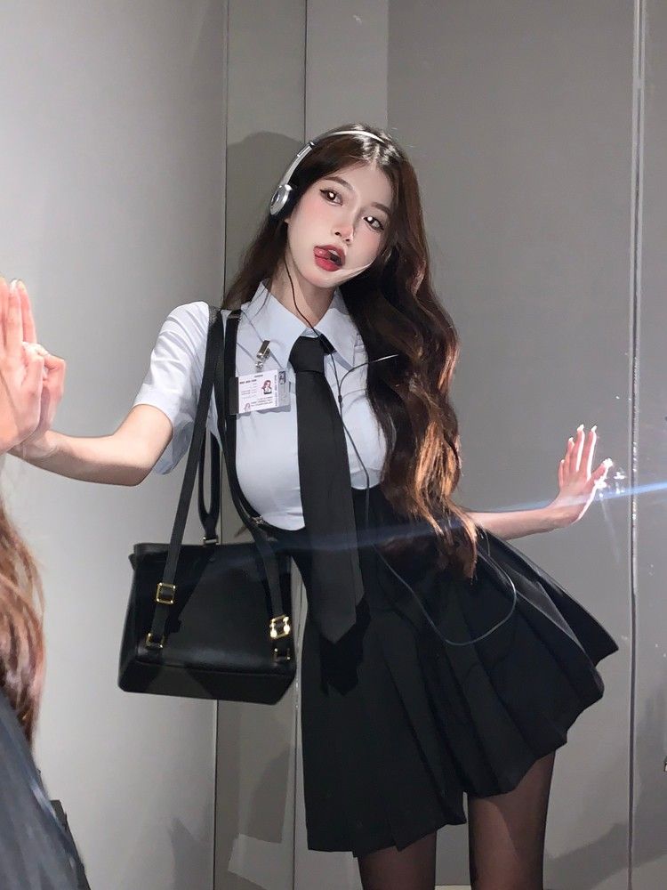 微胖mm美式學院風甜辣裙套裝女夏大碼純欲JK歐美襯衫背帶裙兩件套
