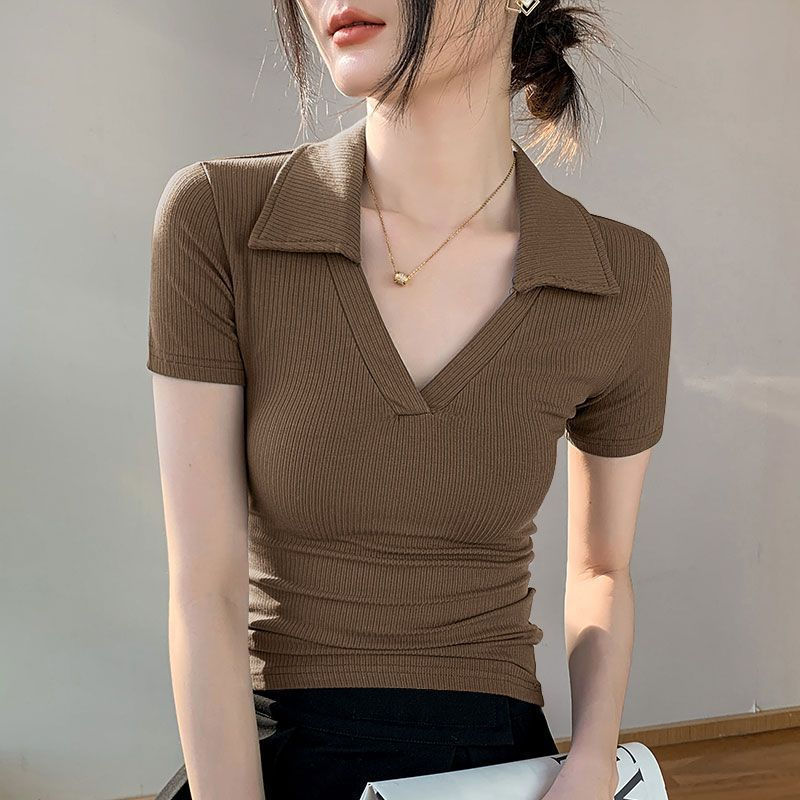 polo領衫短袖t恤女夏季新款純欲辣妹螺紋半袖上衣設計感小眾女裝