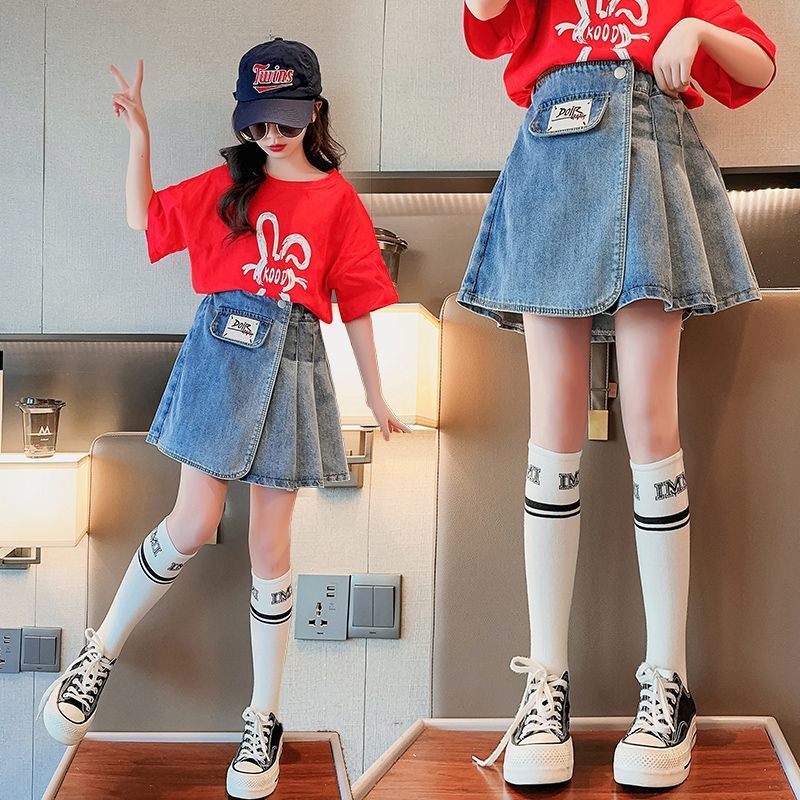 Girls pleated denim skirt summer thin section  new summer dress big children fashion children's all-match skirt