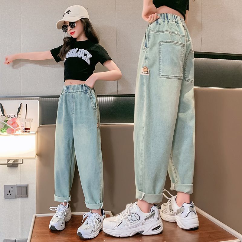女童褲子夏季薄款洋氣時髦休閒寬鬆老爹褲學生時尚夏裝兒童牛仔褲