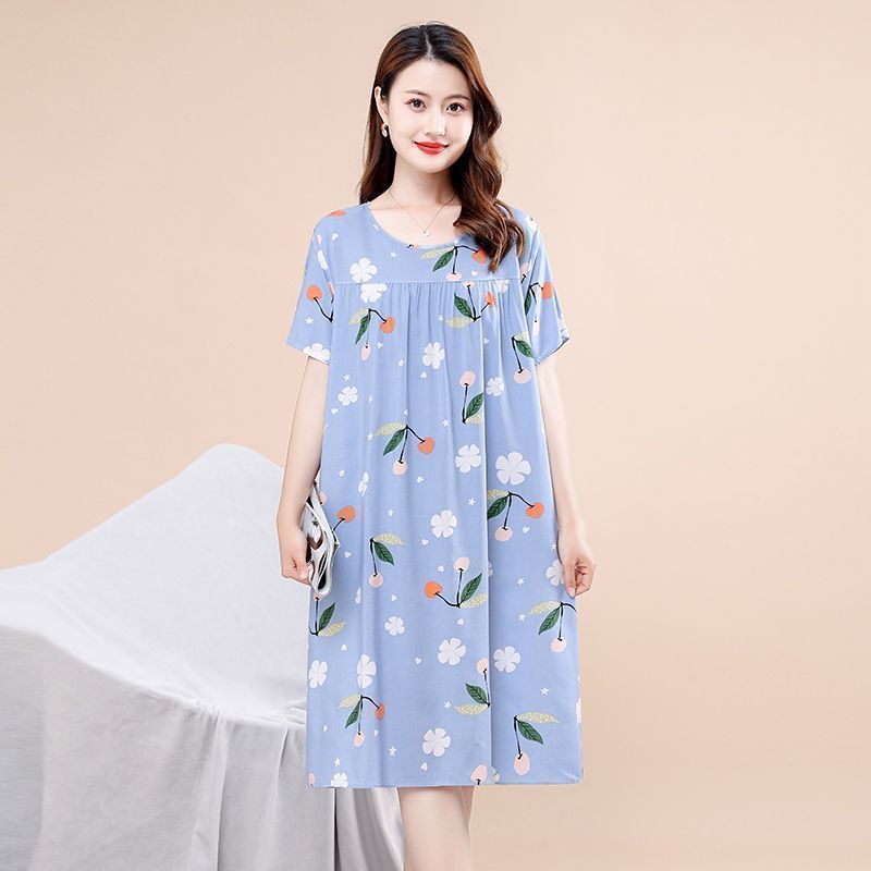 Short-sleeved nightdress cotton silk pajamas women's summer mid-length home skirt thin section mother's dress fashion loose dress