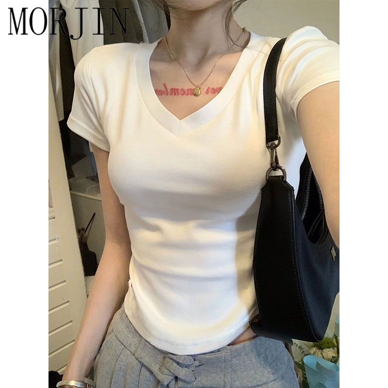 MORJIN pure desire wind hot girl front shoulder short-sleeved t-shirt women's summer Korean version of the niche inside the slim fit and thin short top