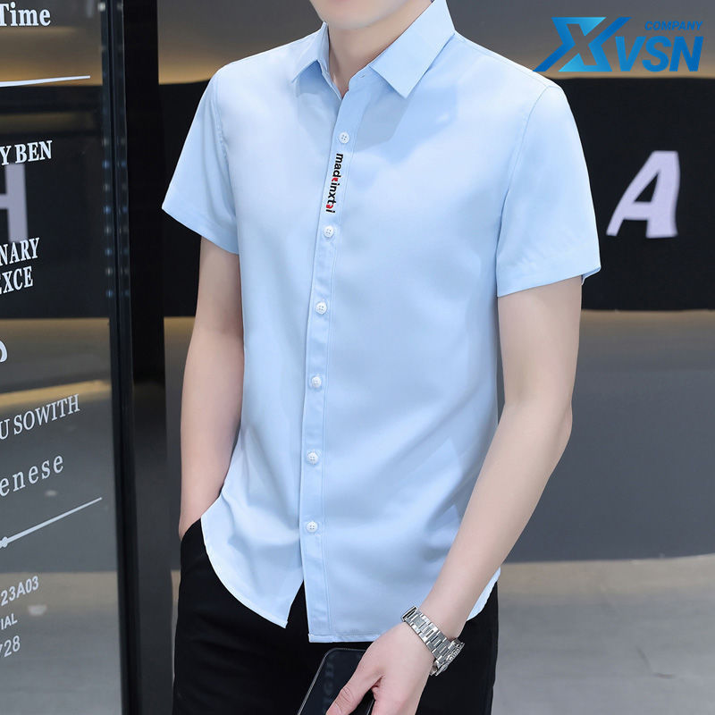 2023 new brand short-sleeved shirt men's summer ice silk breathable white shirt striped non-ironing fashion embroidery inch shirt