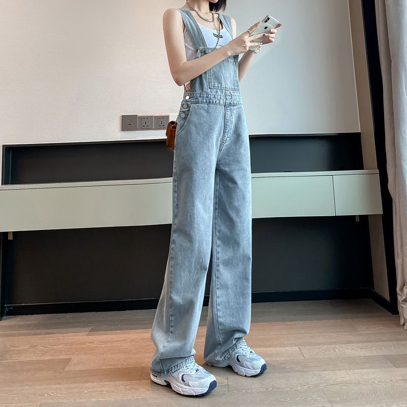 闊腿牛仔背帶褲女夏季高腰顯瘦辣妹寬鬆直筒小個子收腰薄款連體褲