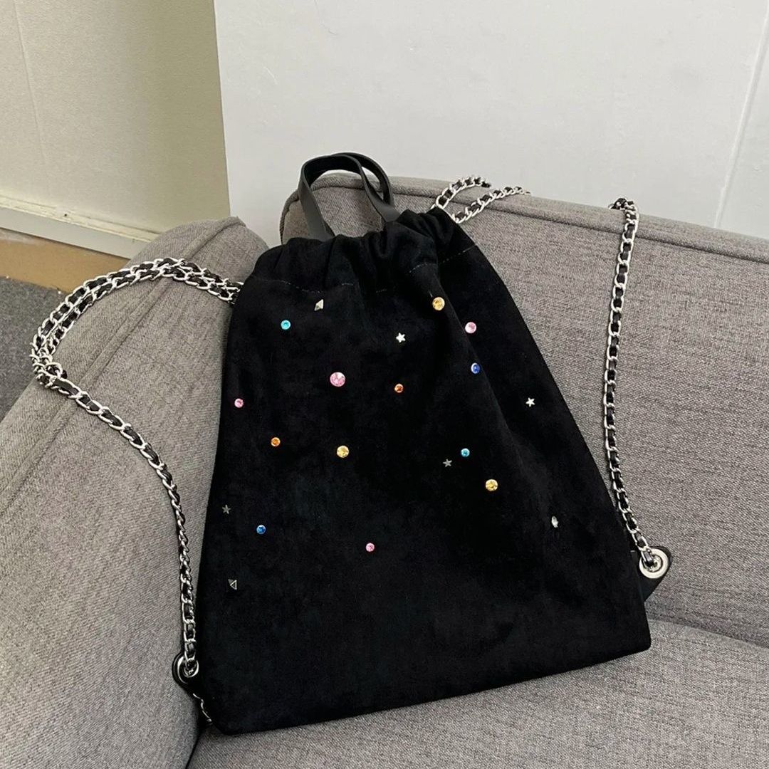 Korean niche design women's bag matte velvet stitching color gemstone chain backpack drawstring handbag