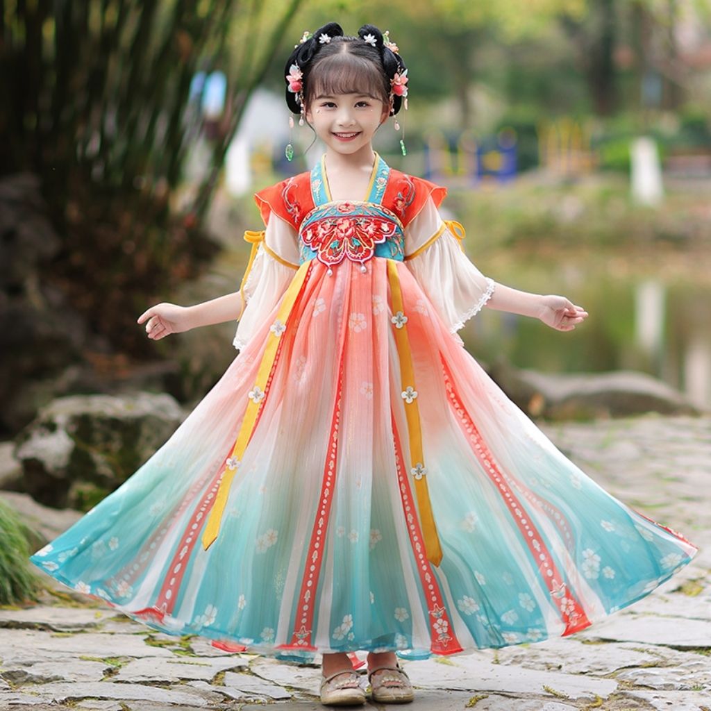 漢服女童2023新款連衣裙夏款古風超仙女寶薄款中國風唐裝裙子襦裙