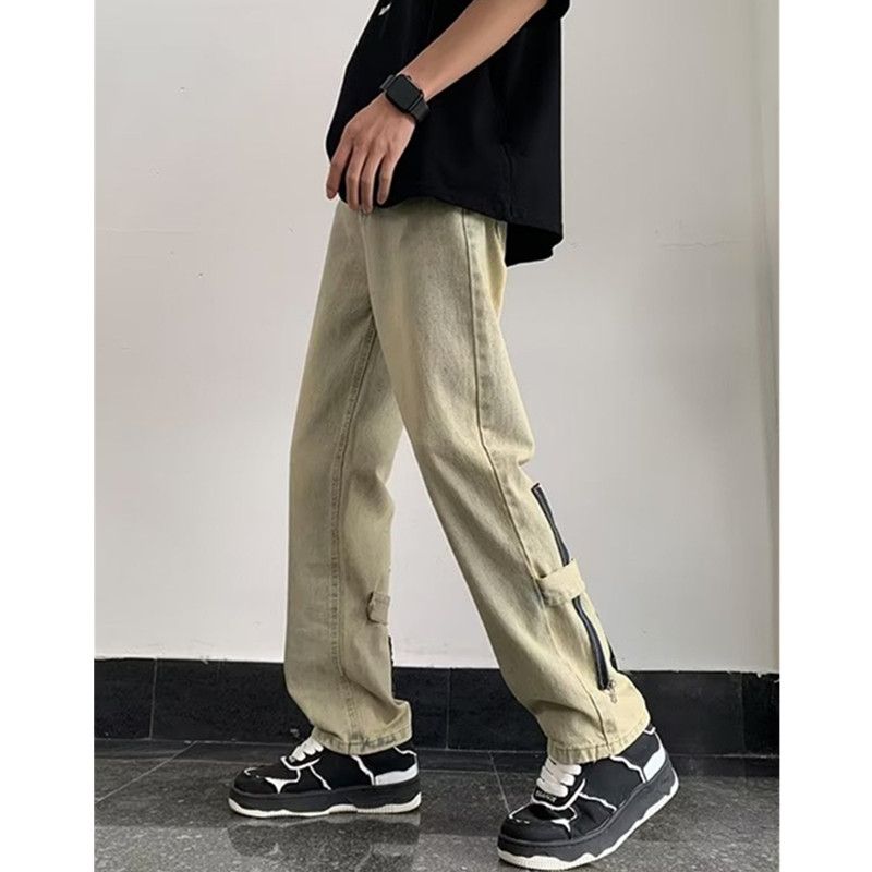 European and American straight jeans women's yellow mud dyed thin vibe style design sense American high street wide-leg pants trendy ins