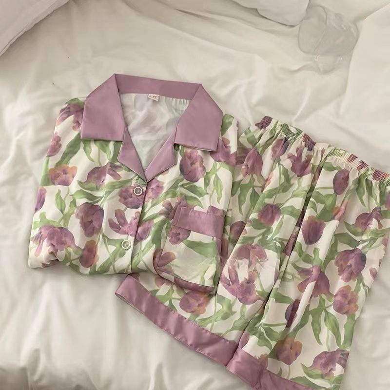 Pajamas women's summer ice silk short-sleeved pullover sweet tulip high-end home service new summer style can be worn outside