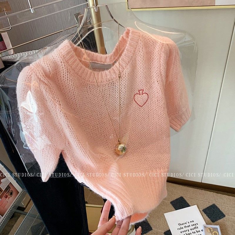 Sweet soft waxy pink puff sleeve sweater women's 2023 summer new sweet and chic knitted short-sleeved top