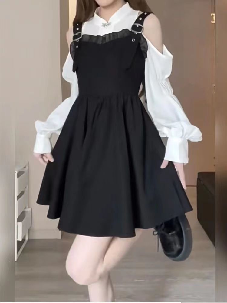 法式赫本風溫柔超仙氣質背帶連衣裙女學生+設計感露肩襯衫兩件套