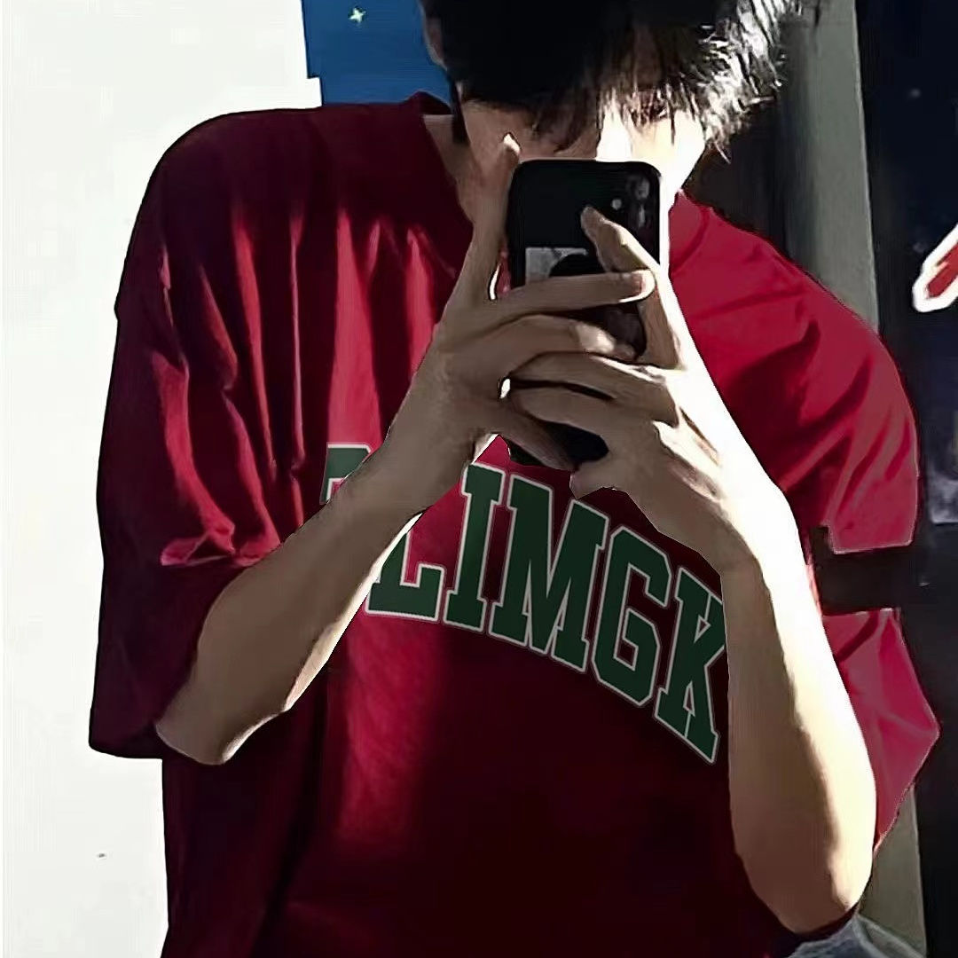 純棉復古港風酒紅色短袖t恤男夏季新款韓版寬鬆潮牌百搭半袖上衣