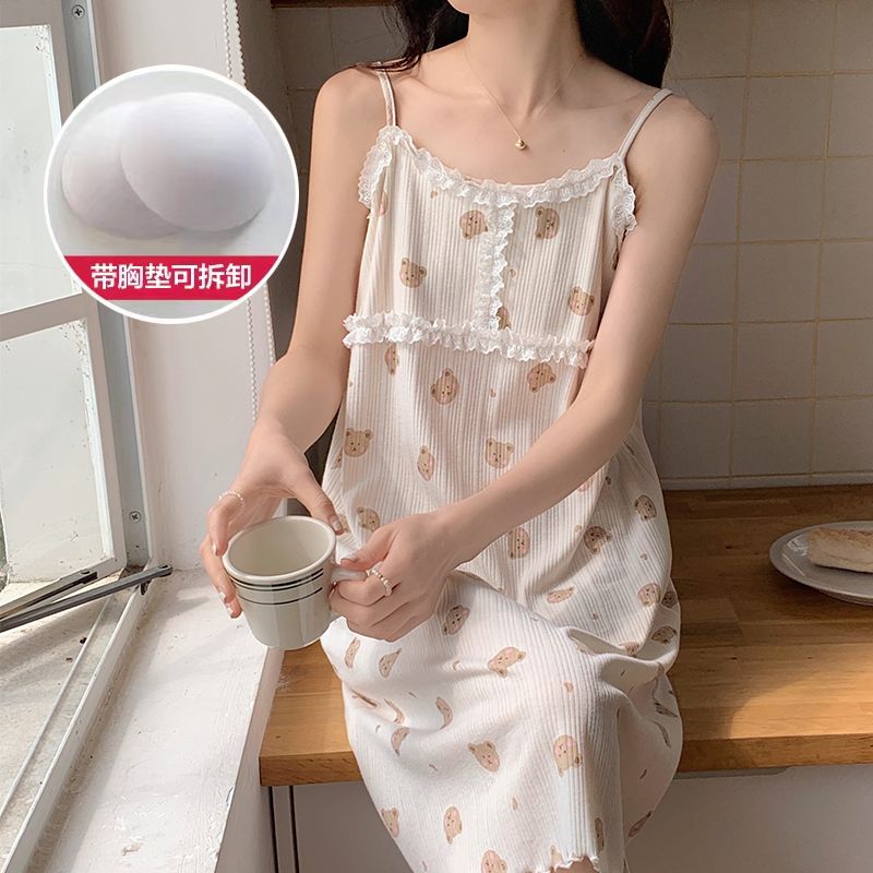 Women's summer pure cotton lace nightdress with chest pad and lace temperament sweet and loose mid-length mid-length home clothes