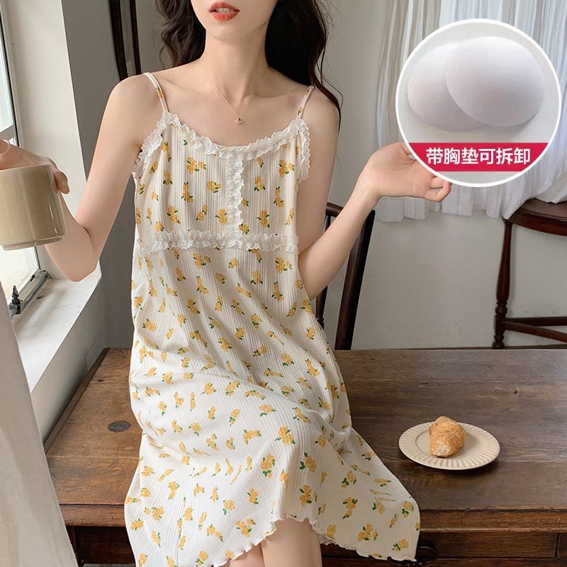 Suspender nightdress female summer pure cotton with chest pad princess style sweet and girly temperament lace over the knee long home clothes