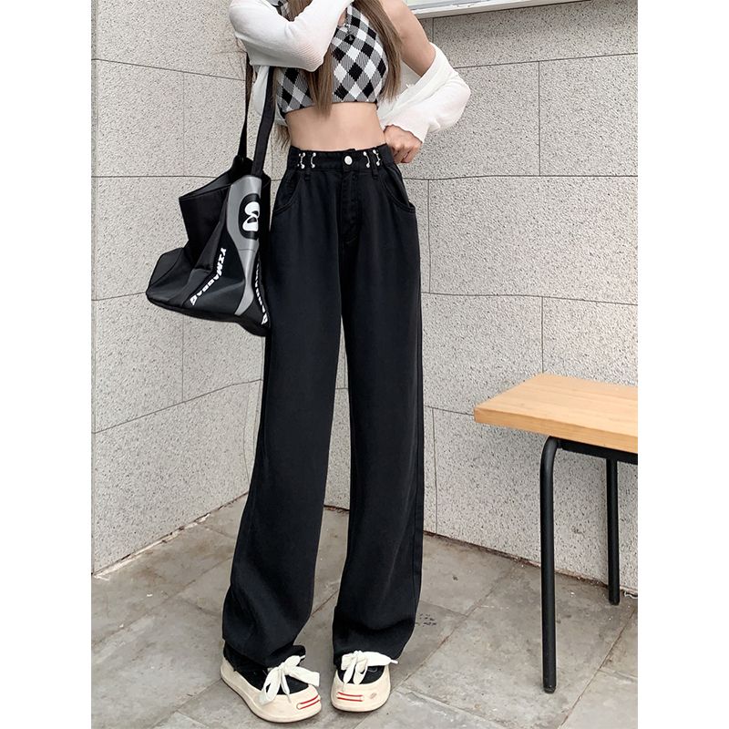 黑色設計感天絲直筒牛仔褲女夏季薄款高腰顯瘦闊腿褲寬鬆拖地長褲