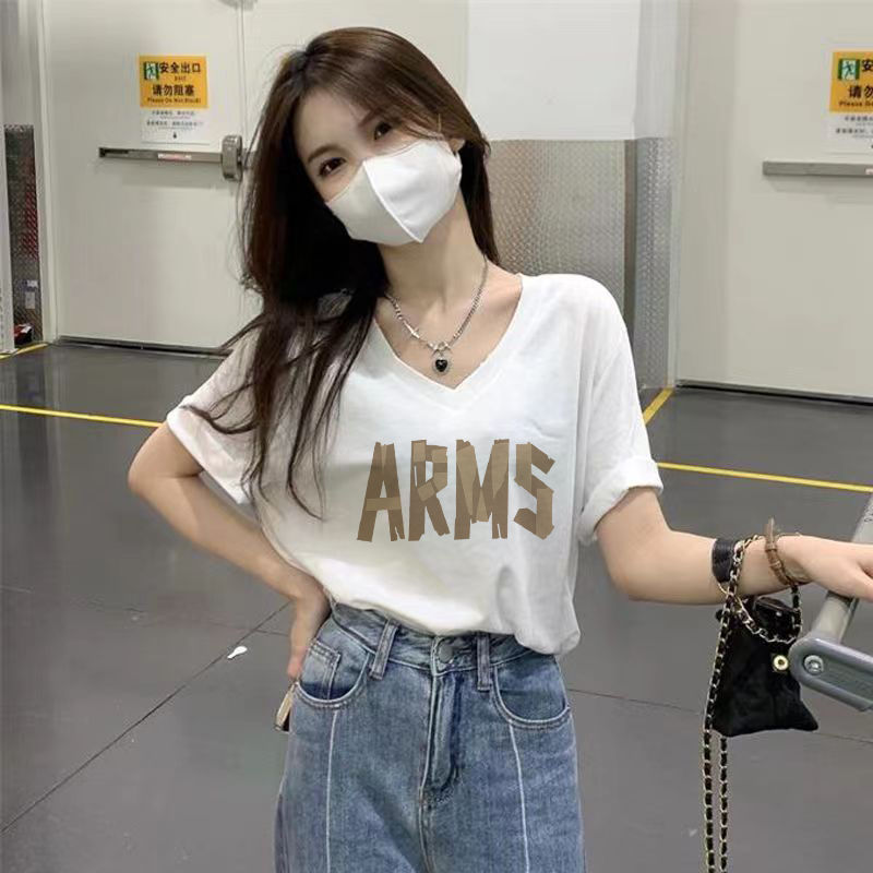 純棉短袖女2023新款夏季女生短袖衫V領寬鬆白色t恤女裝學生上衣潮