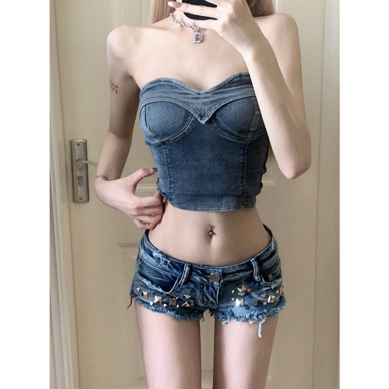 American hottie Liu Ding low-waist denim super shorts women's summer new slim fit hip-hugging wide-leg hot pants trendy