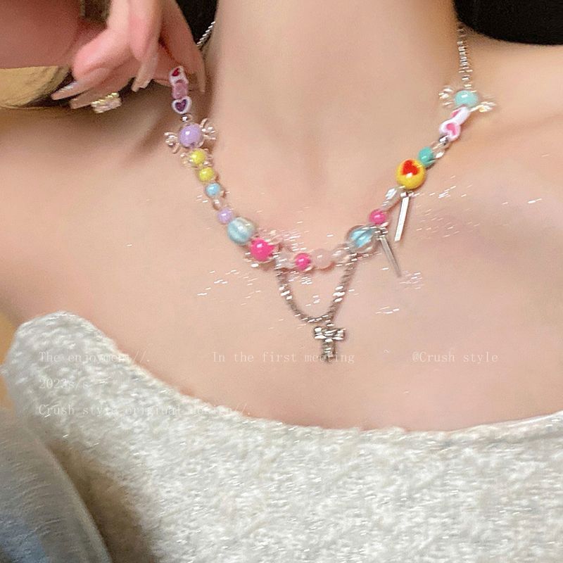 Candy sweetheart! Colorful bow tassel necklace female niche design net red accessories sweet cool hot girl clavicle chain