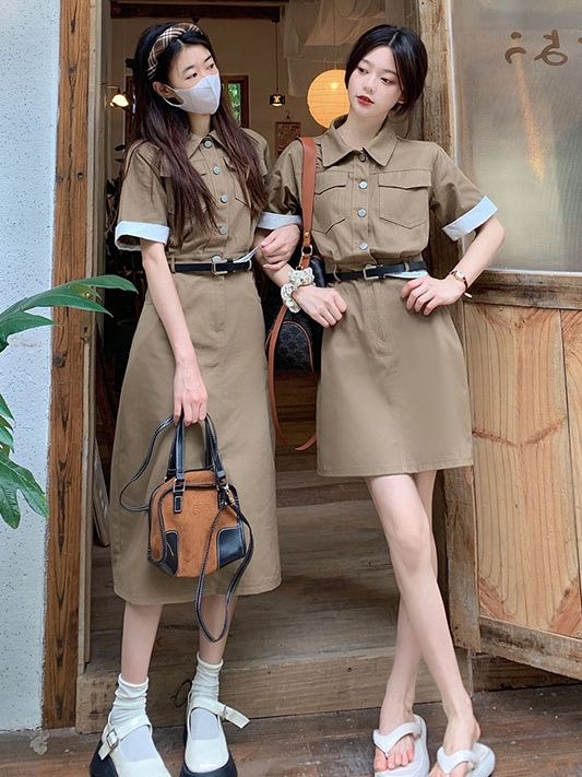 Korean style casual wind shirt dress women's summer 2023 new retro temperament long and short waist slimming skirt