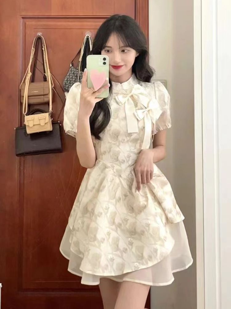 國風新中式超仙甜美蝴蝶結立領連衣裙女學生夏季收腰顯瘦公主短裙