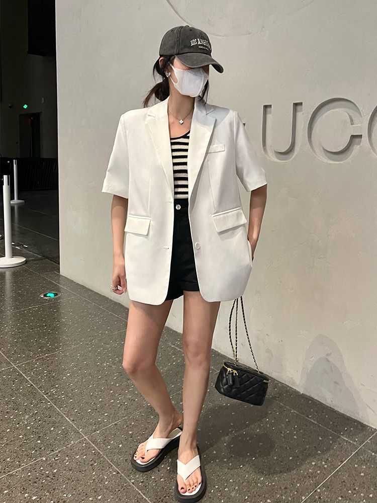 白色短袖西裝外套女夏季新款韓版寬鬆休閒時尚百搭正肩小個子西服