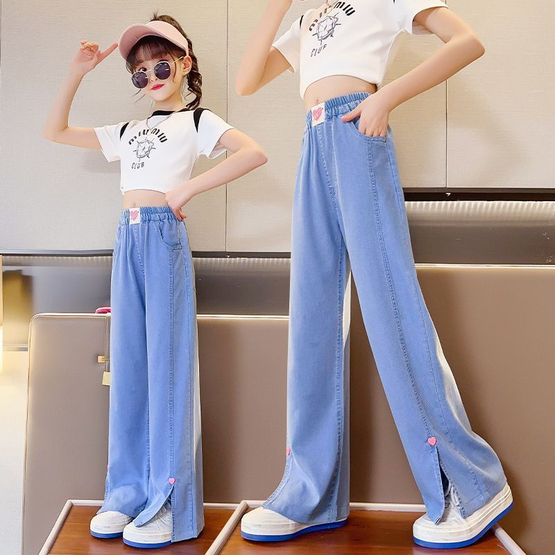女童褲子夏季薄款兒童天絲軟牛仔褲大童夏裝冰絲防蚊褲女孩闊腿褲
