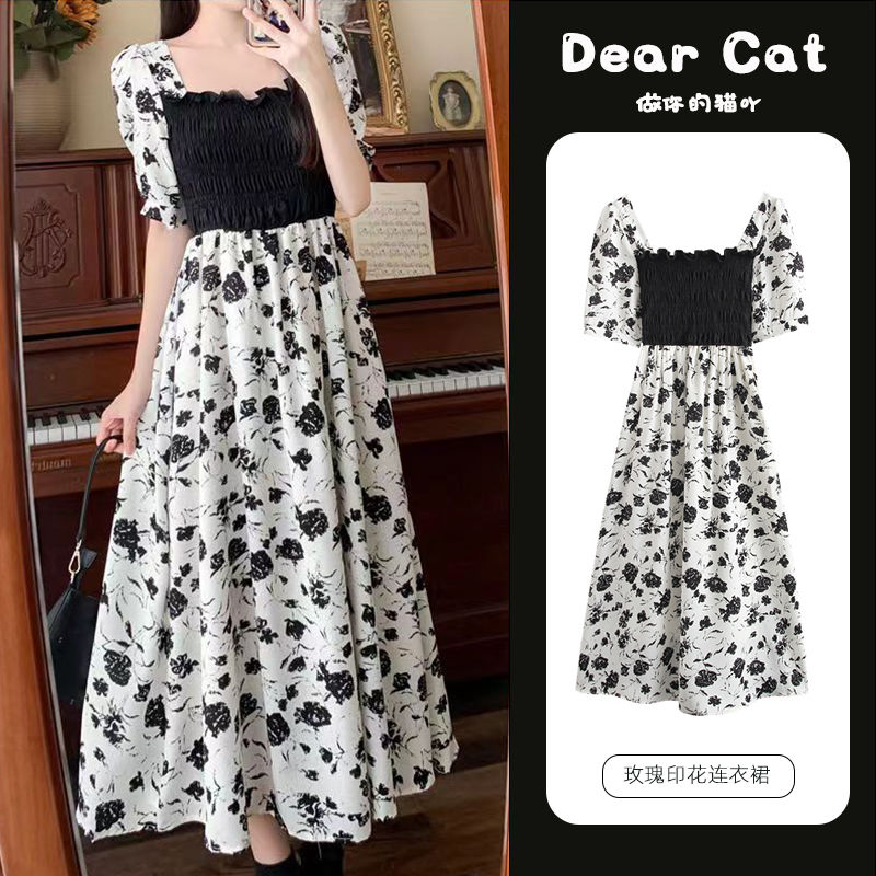 2023 summer new French fungus edge square collar rose print chiffon floral dress over the knee long skirt