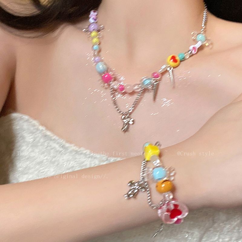 Candy sweetheart! Colorful bow tassel necklace female niche design net red accessories sweet cool hot girl clavicle chain