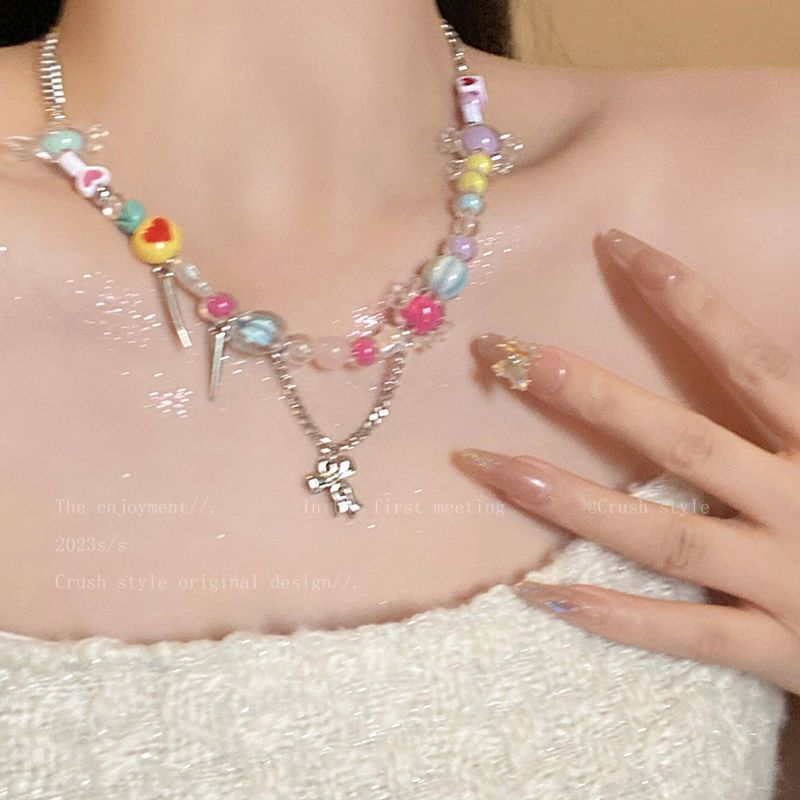 Candy sweetheart! Colorful bow tassel necklace female niche design net red accessories sweet cool hot girl clavicle chain