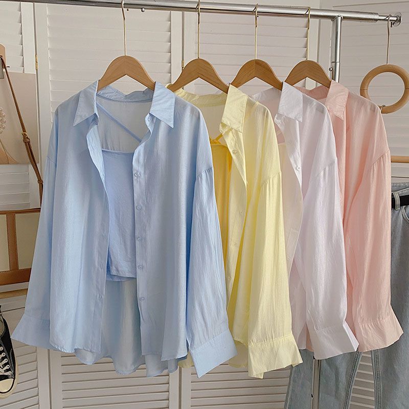 夏季新款韩版中长款纯色外搭长袖衬衫薄款防晒衣洋气清新超仙上衣