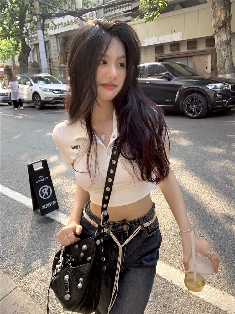 Polo collar shirt lapel short-sleeved t-shirt women's short summer 2023 new Korean version design sense niche ins top