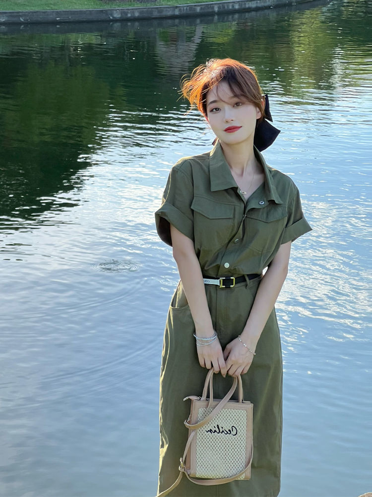 French army green short-sleeved denim polo collar dress women's summer high-end design high-waist temperament mid-length skirt