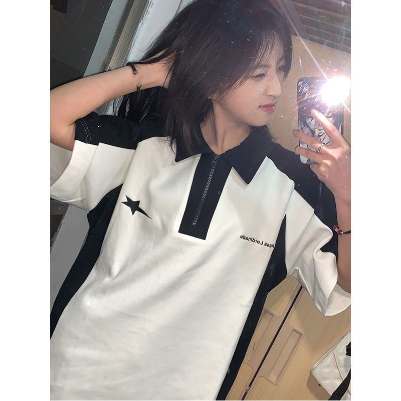 Short-sleeved top women's polo shirt lapel splicing contrast color zipper couple loose student t-shirt half-sleeved shirt ins trend