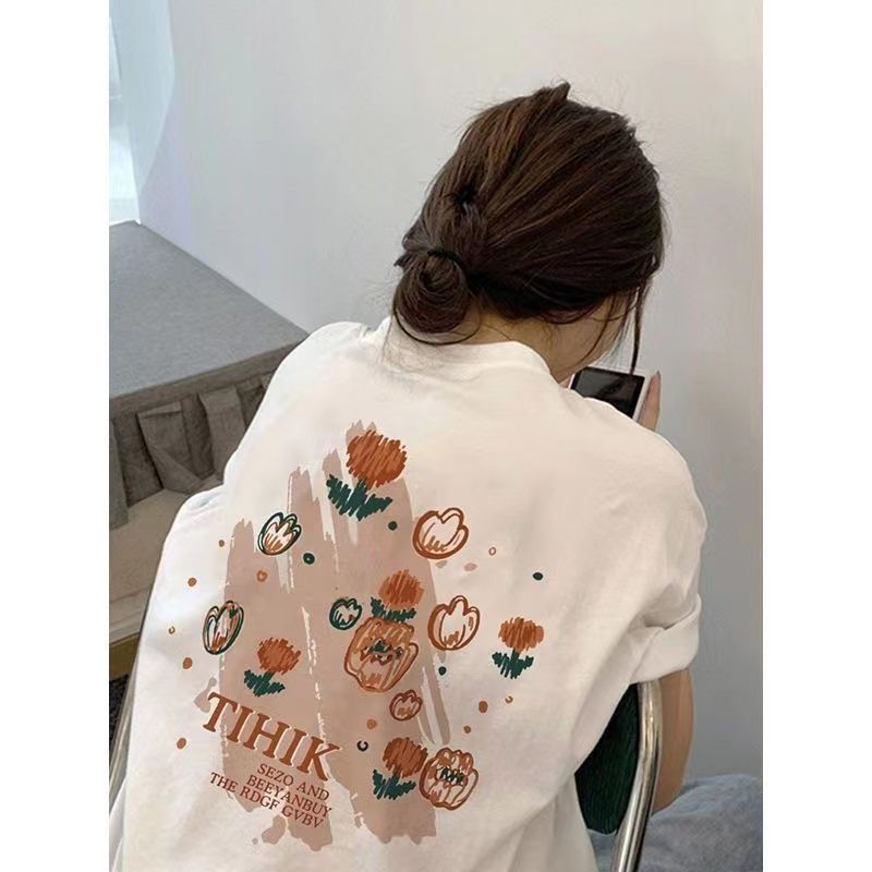 Guochao high street American retro summer 100% cotton shirt short-sleeved women's design sense niche ins loose top